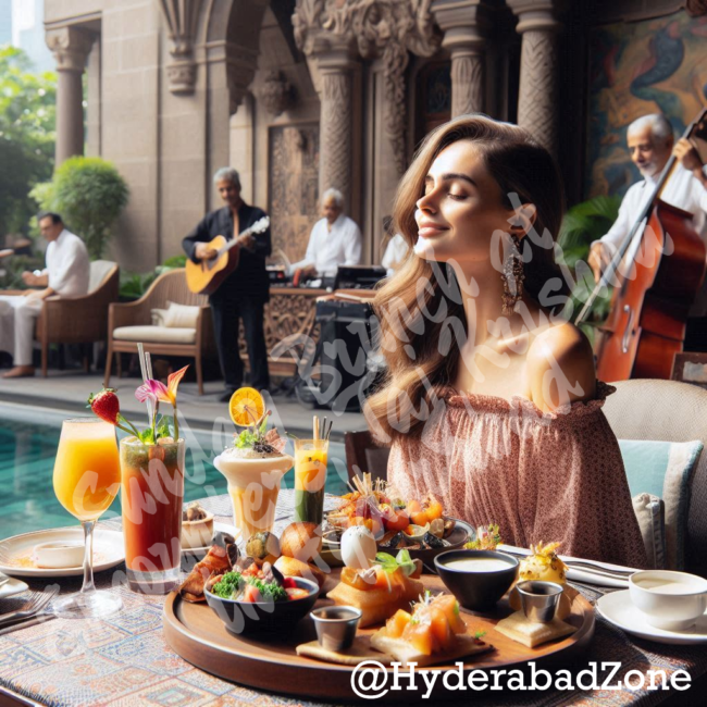 Sunday Brunch at Encounters, Taj Krishna with people enjoying the brunch and live music in th